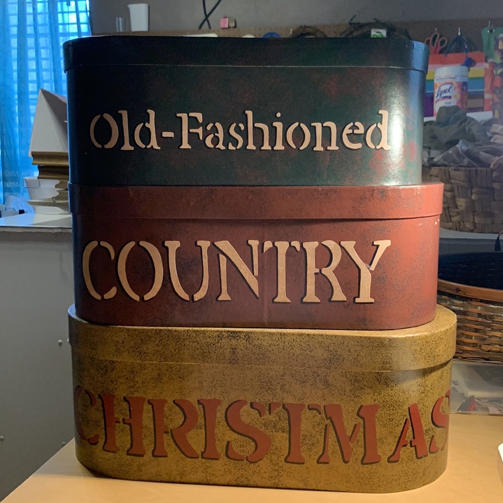 Nice big Country Christmas stacked boxes. Farmhouse, storage boxes large 20 1/4”